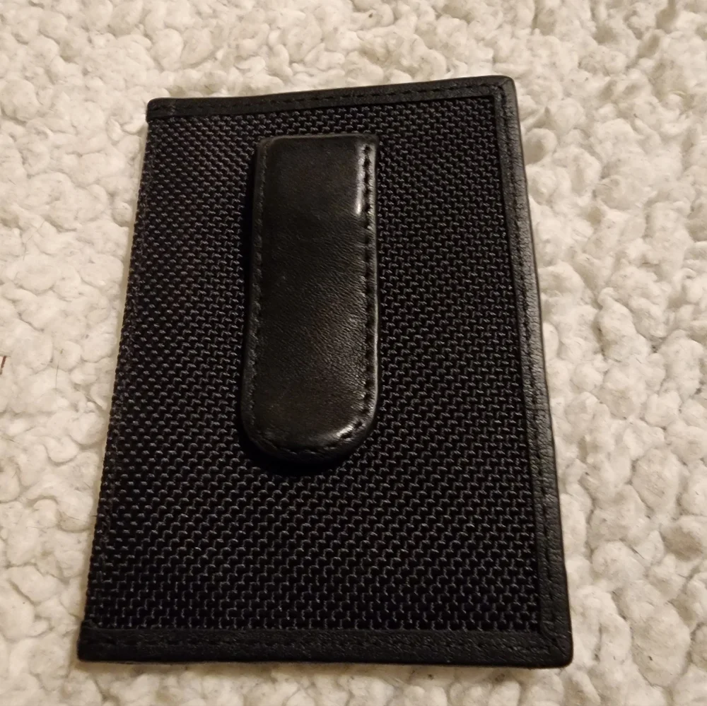 TUMI Black Leather Money Clip with Silver Accent